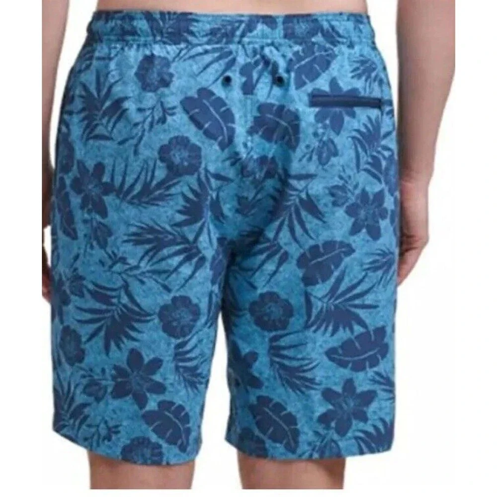 Kirkland Signature Mens XXL Blue Hawaiian Floral Swim Trunks Lined Shorts